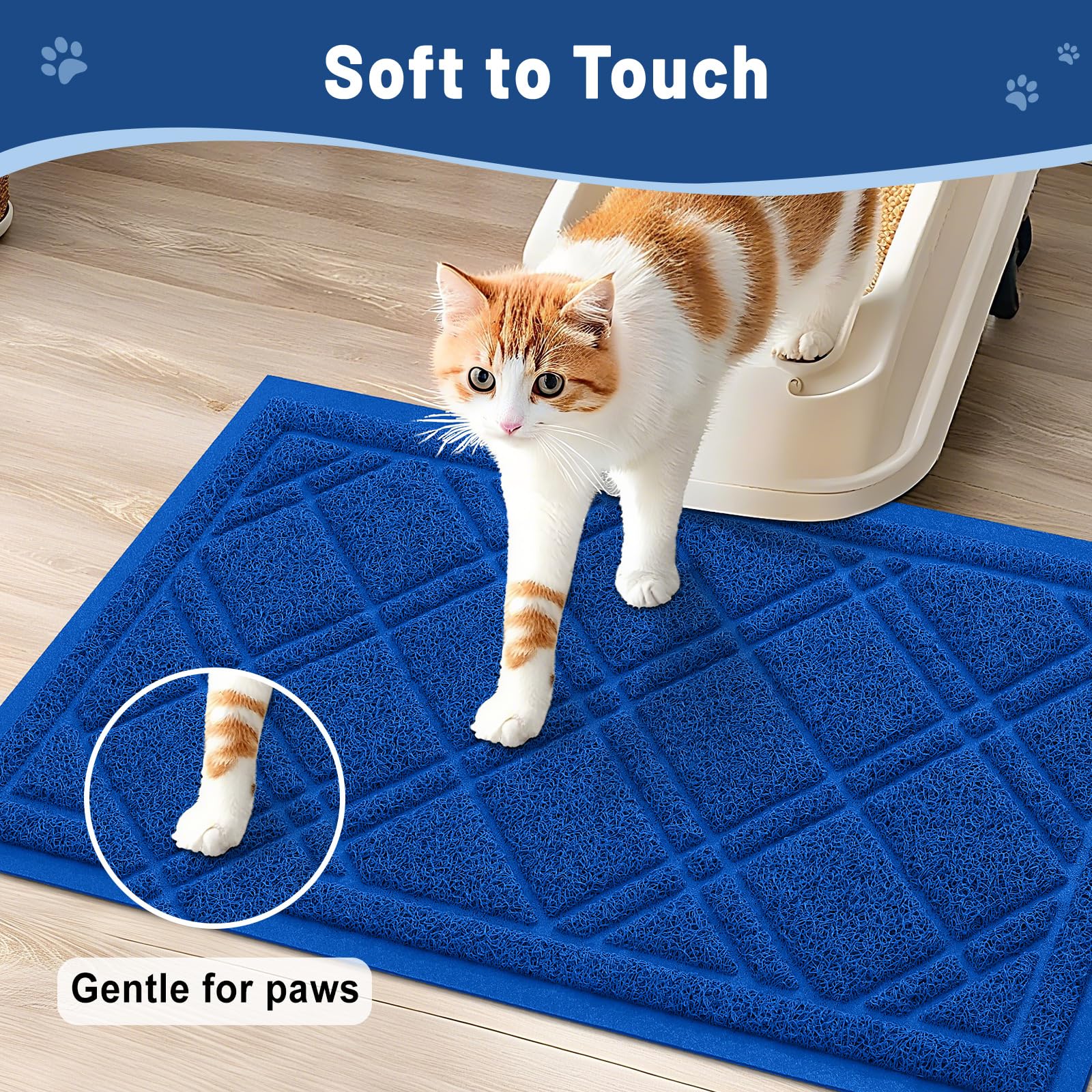 Smiry Tapis Litière Chat bleu capte les grains et réduit la poussière autour.