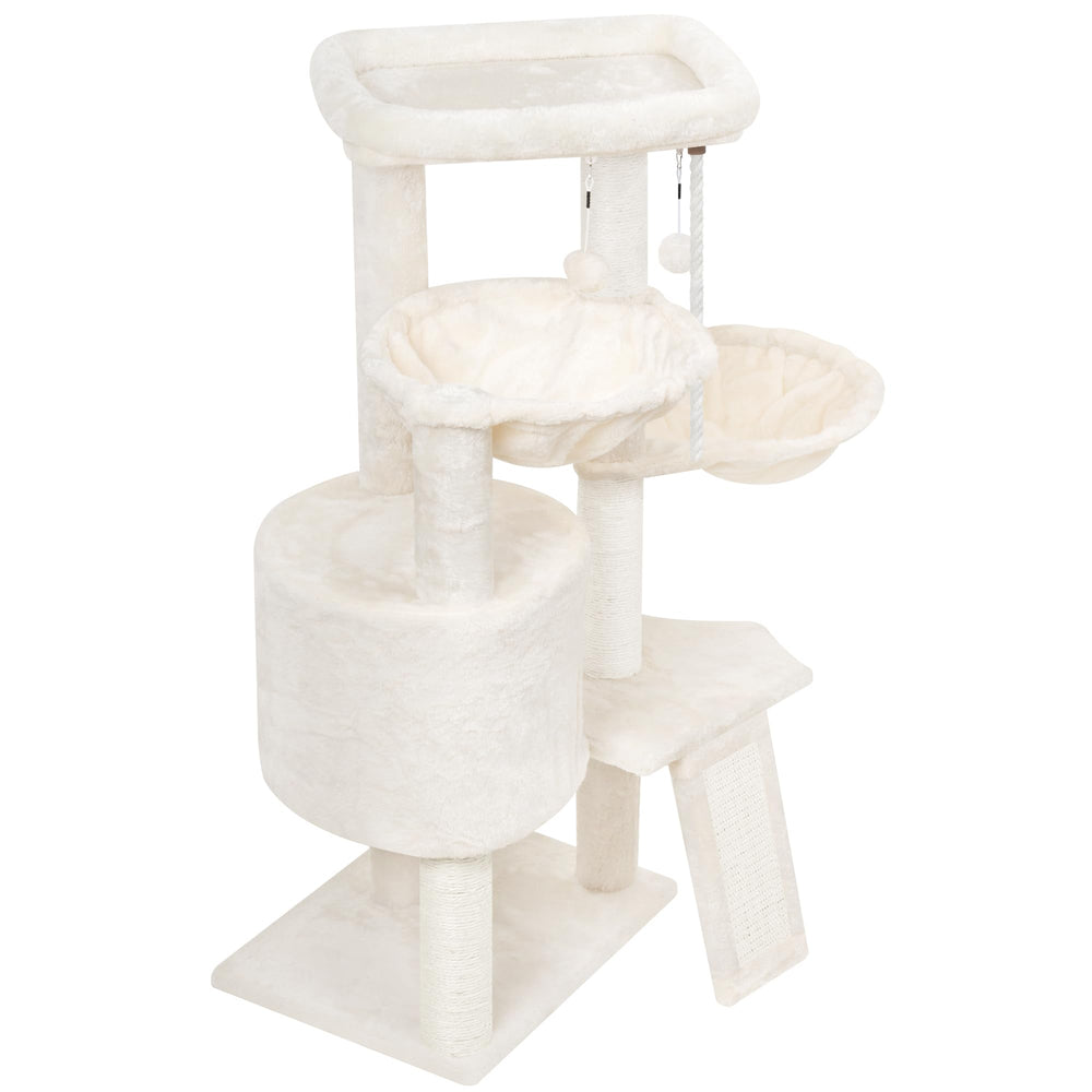 Smouatou arbre-chat triple-niveau corde et griffrage, activité ludique et exercice.