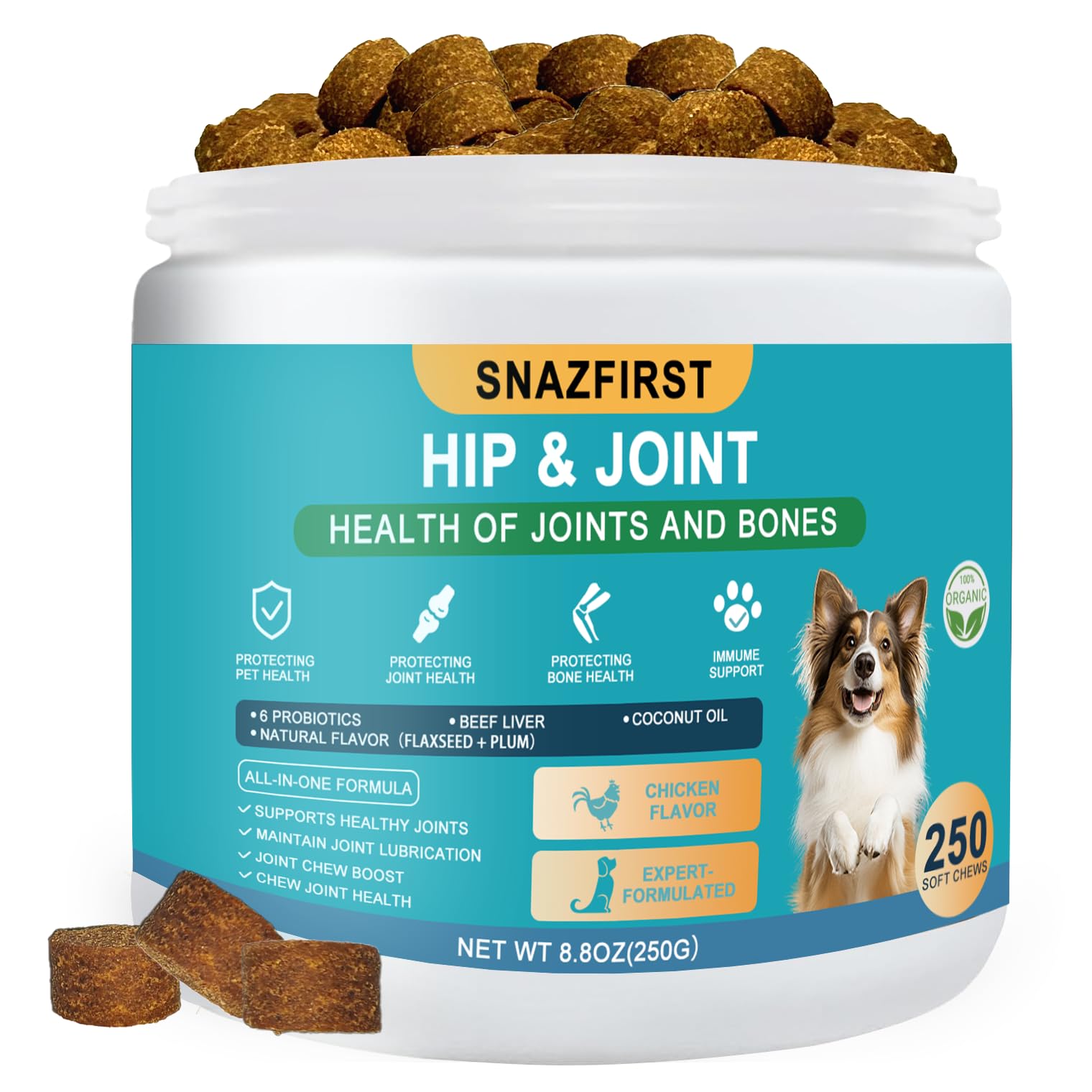 SnazFirst: flacon du complément hanches et articulations pour chiens, soutien potentiel à la mobilité.