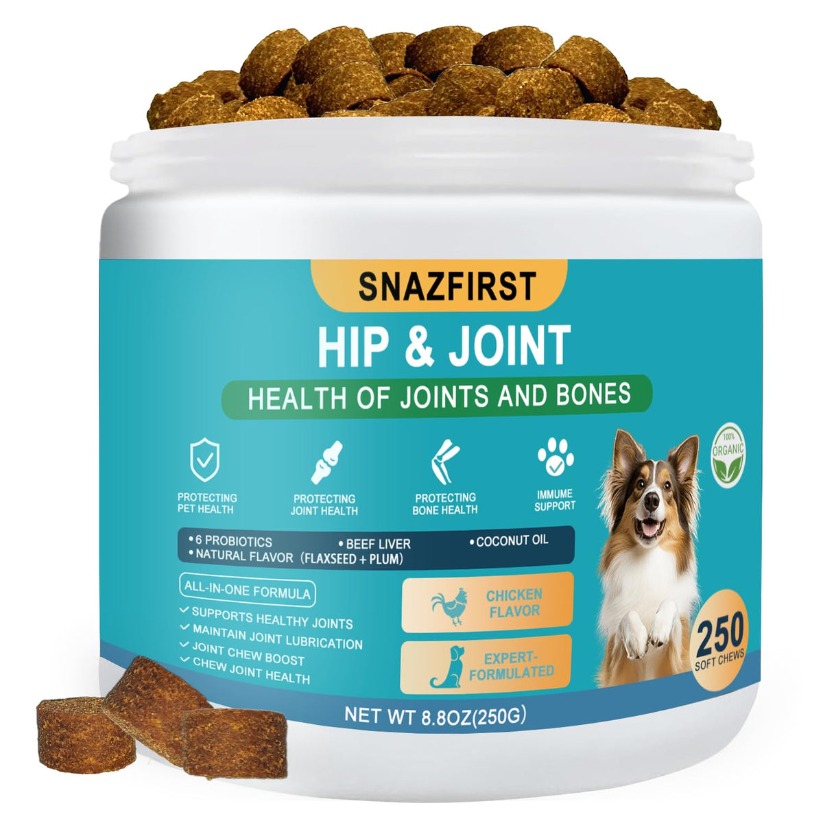 SnazFirst: flacon du complément hanches et articulations pour chiens, soutien potentiel à la mobilité.