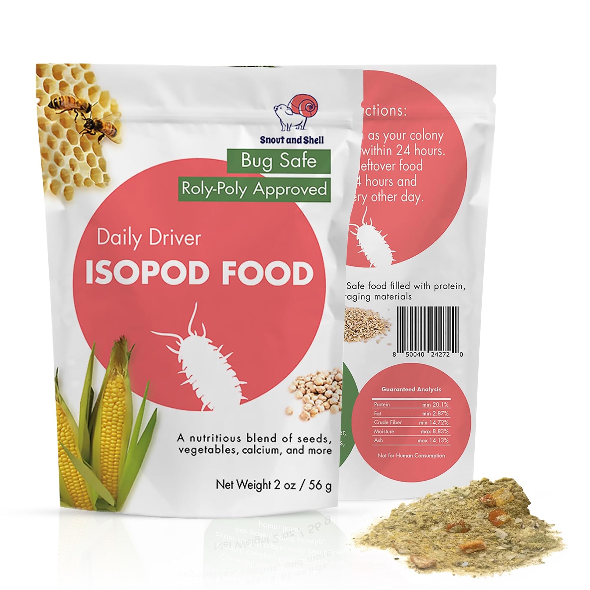 Snout and Shell Daily Driver – ingrédients variés pour une alimentation équilibrée des isopodes.
