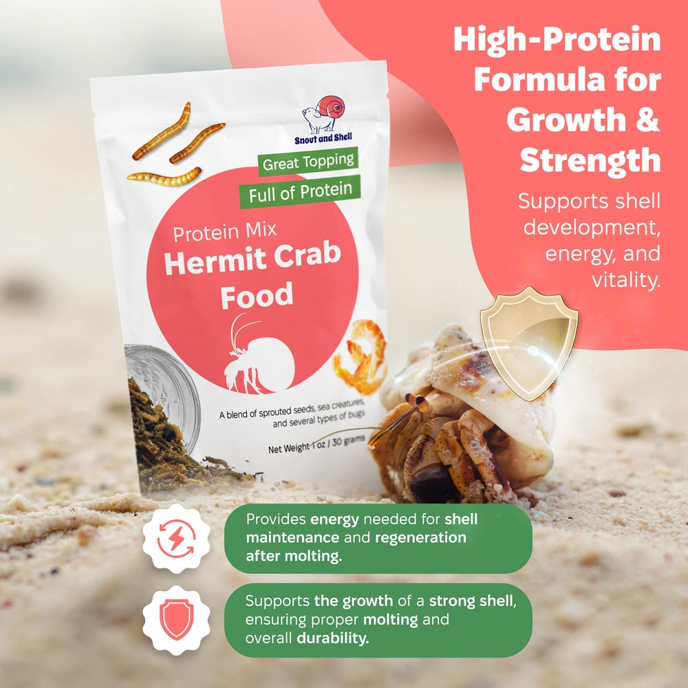 Snout and Shell Protein Mix Hermit Crab Food close-up, ingrédients naturels et équilibrés