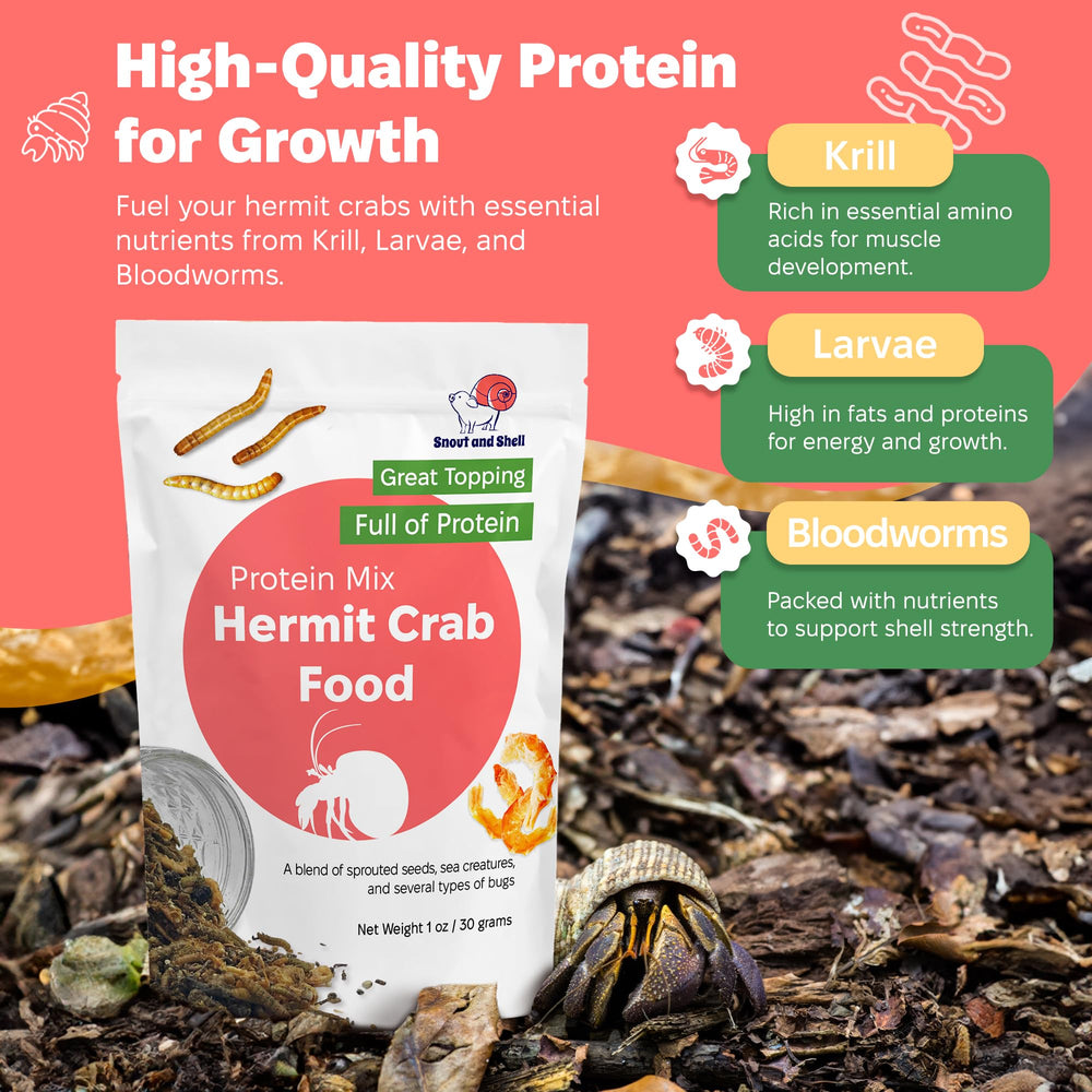 Snout and Shell Protein Mix Hermit Crab Food avec insectes et krill, ingrédients riches pour la vitalité