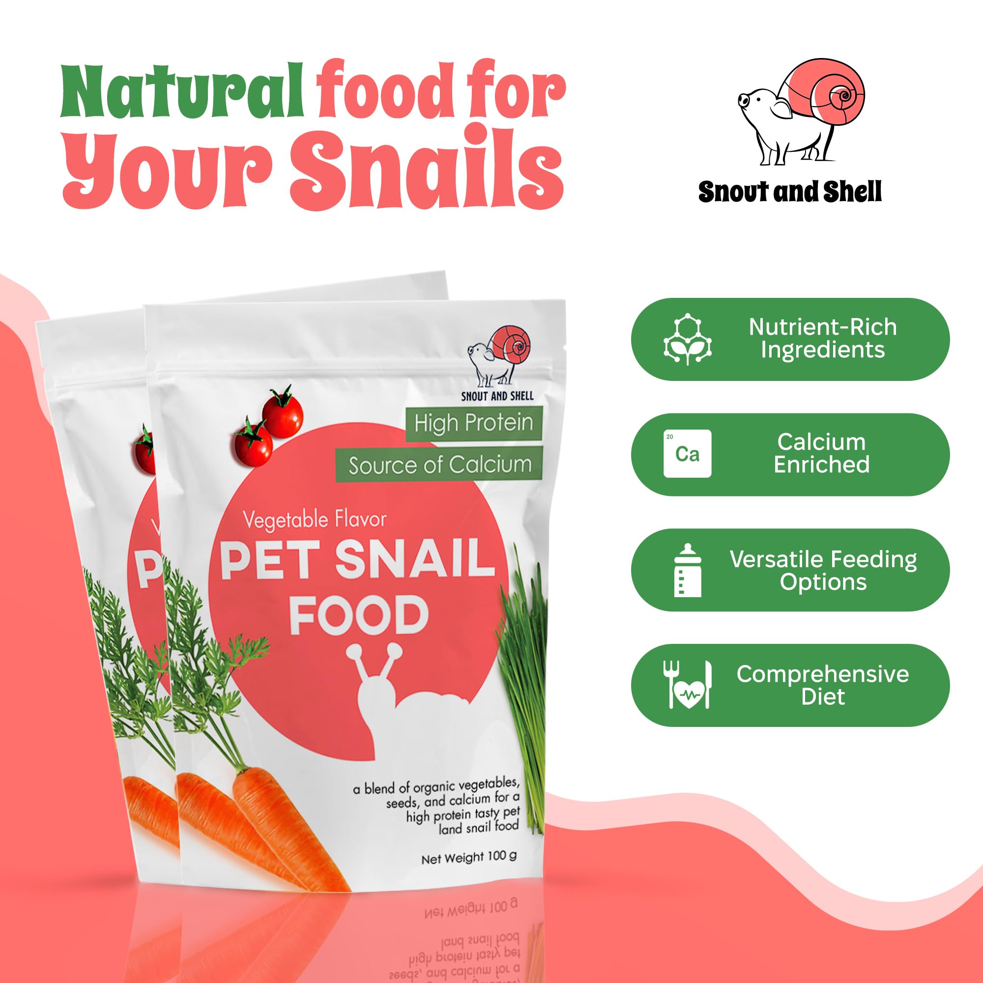Snout et Shell — alimentation polyvalente pour terrarium d'escargots.