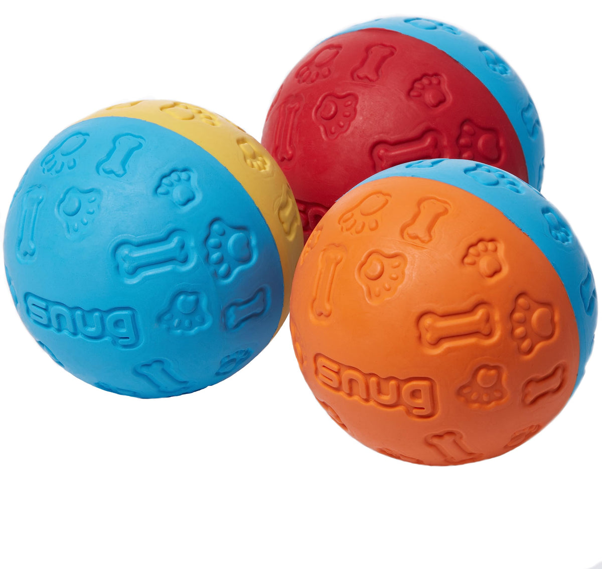Balles Snug en caoutchouc pour chien – vue avant, durable et facile à repérer grâce à sa couleur.