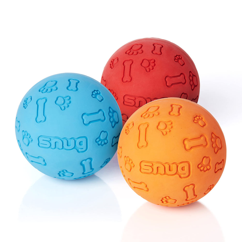 Balles Snug en caoutchouc, pack de 3, idéales pour le jeu et le lancer.