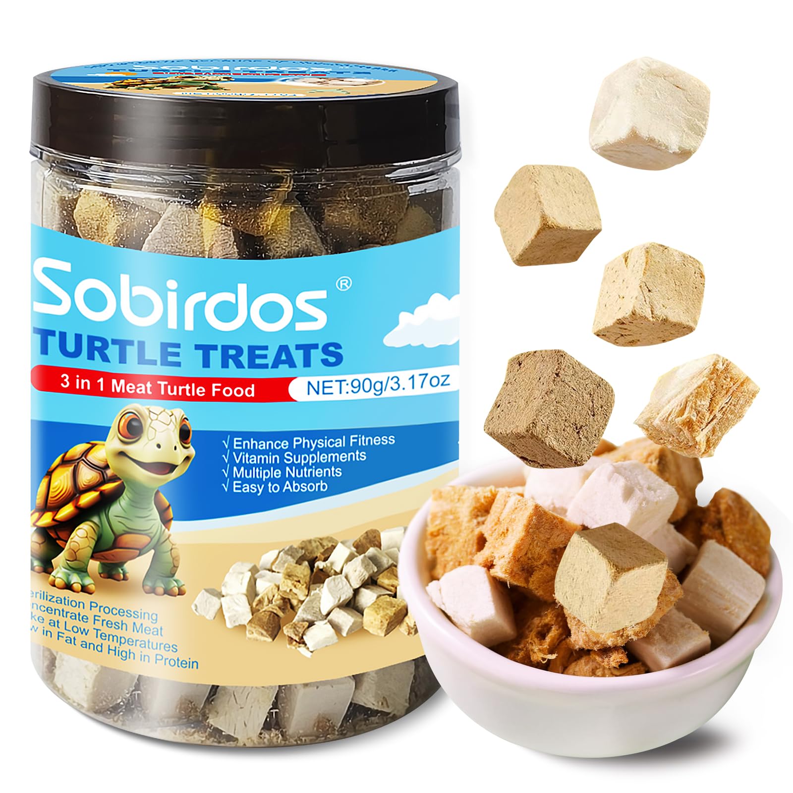 Friandises Sobirdos pour tortues: grains lyophilisés poulet-canard-saumon, texture appétissante.