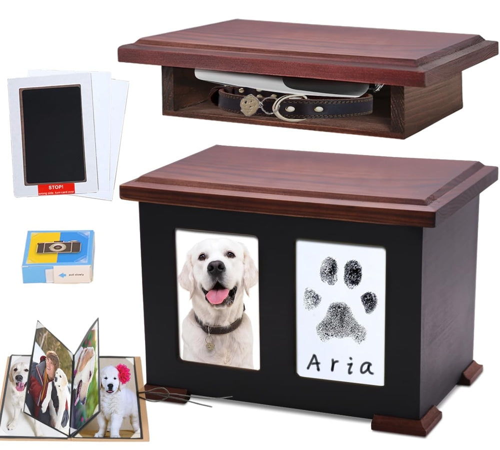 Urne Sofunii pour chien avec empreinte de patte et kit pratique.