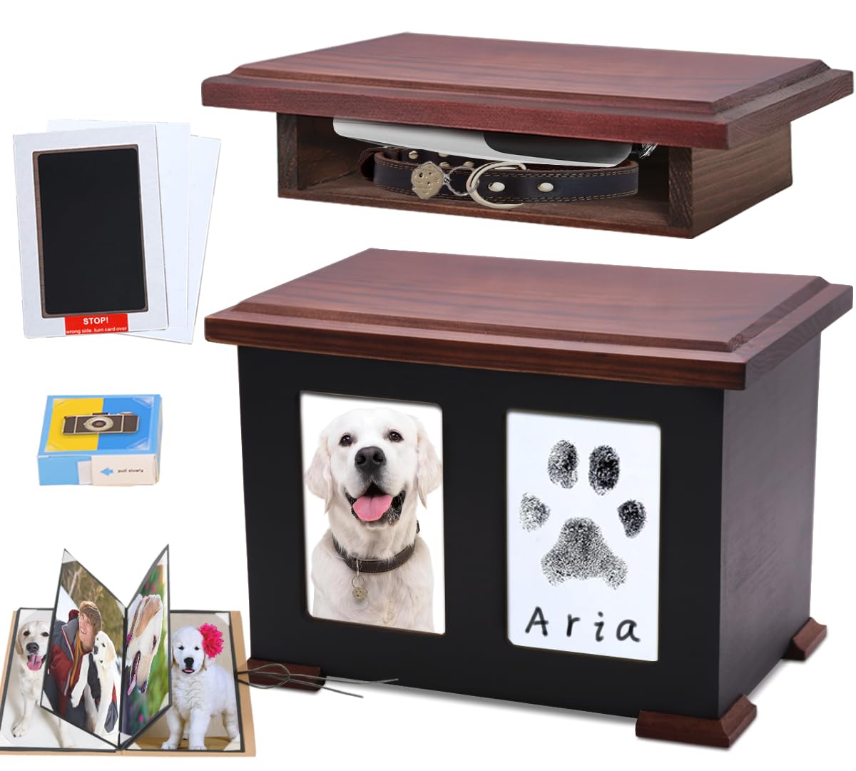 Urne Sofunii pour chien avec empreinte de patte et kit pratique.