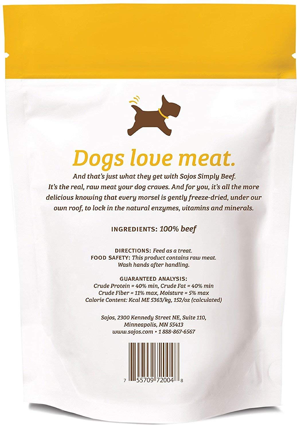 Friandises SOJOS boeuf lyophilisées, conditionnement double, parfait pour les collations quotidiennes du chien.