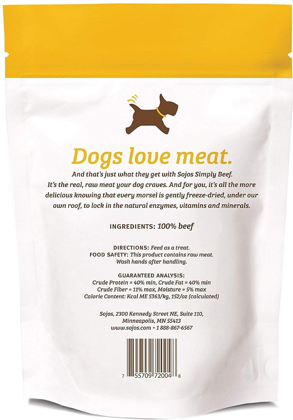 Friandises SOJOS boeuf lyophilisées, conditionnement double, parfait pour les collations quotidiennes du chien.