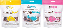 Friandises SOJOS crues lyophilisées pour chien, trio boeuf-agneau-dinde, idéal entraînement.