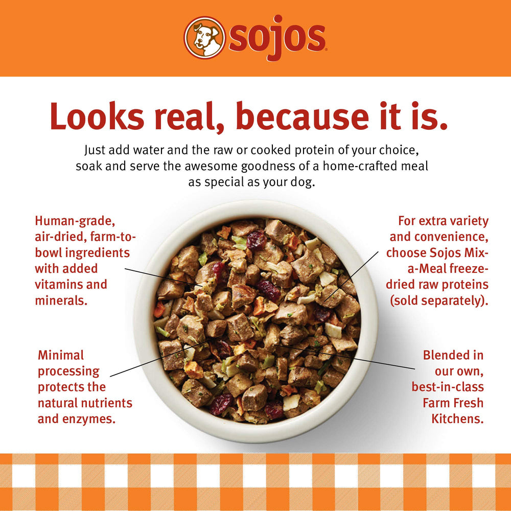 Ajout de viande poulet avec Sojos Mix-A-Meal pour repas personnalisés.