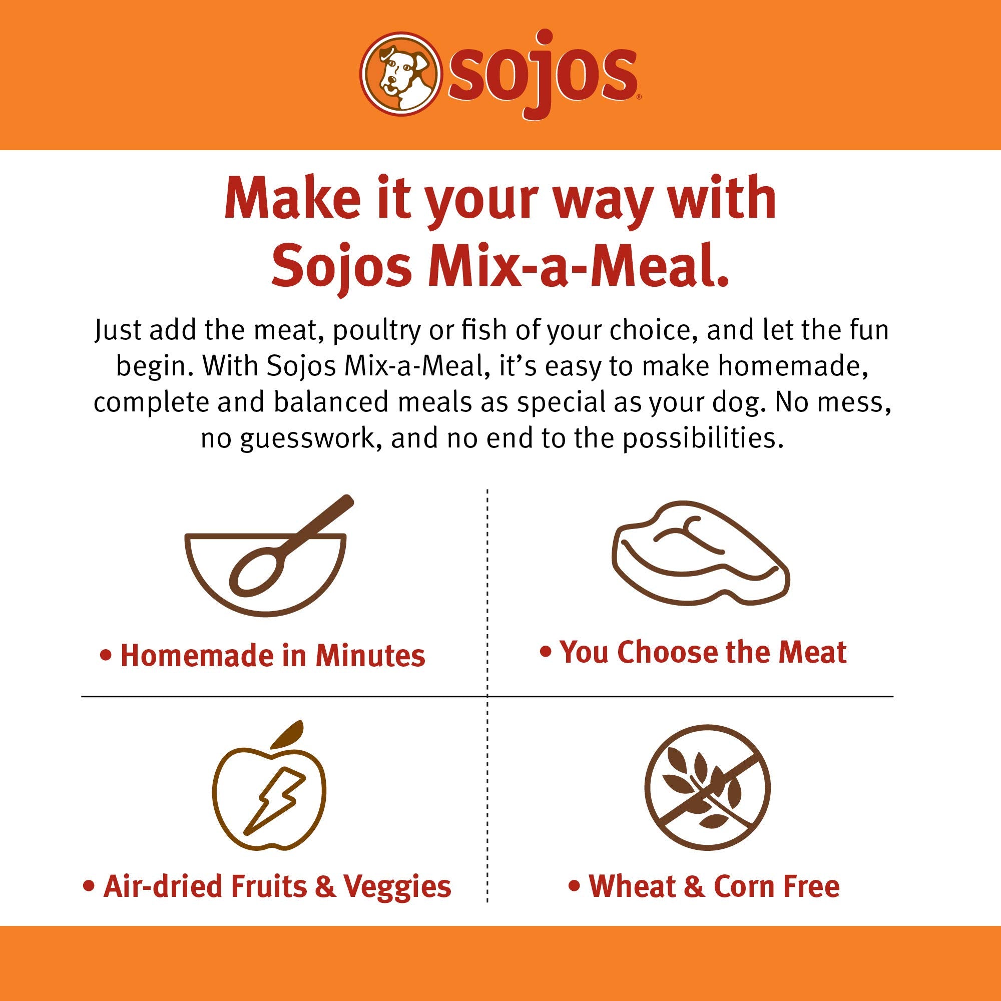 Réhydratation rapide avec eau pour Sojos Mix-A-Meal, texture fraîche en minutes.
