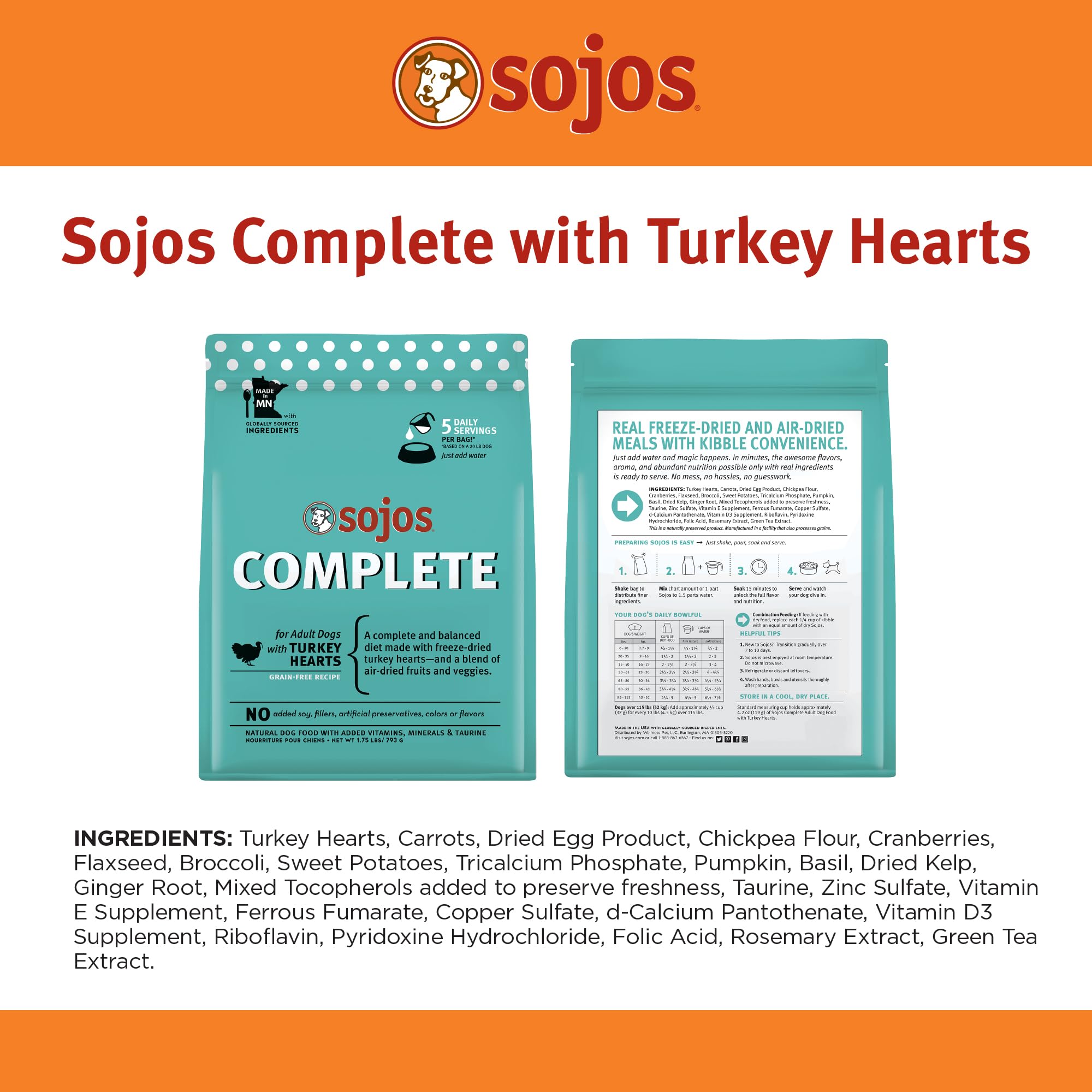 Sojos Recette Dinde Complete, texture granulée prête à être réhydratée