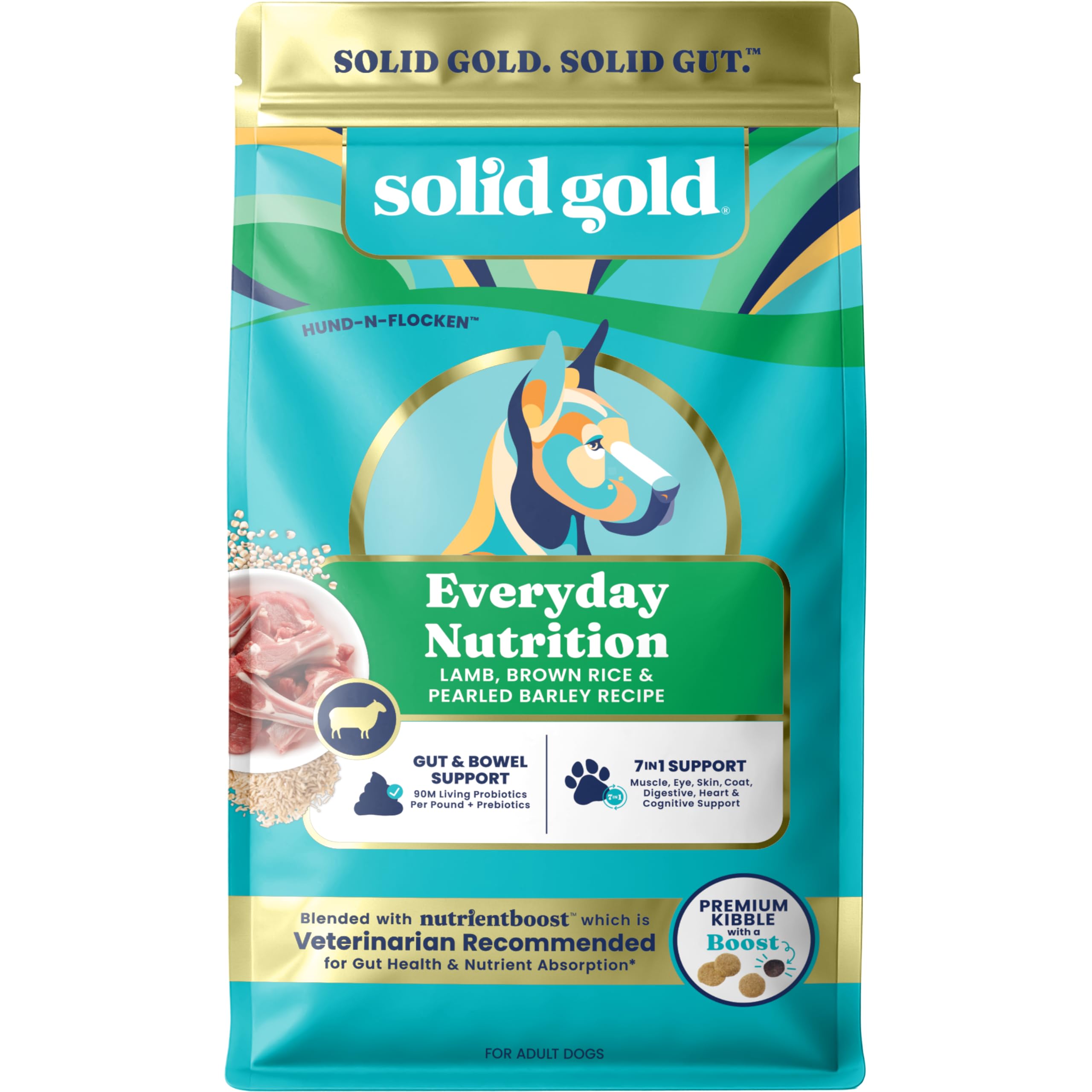 Solid Gold croquettes à l’agneau pour chien adulte, formulation riche en protéines.