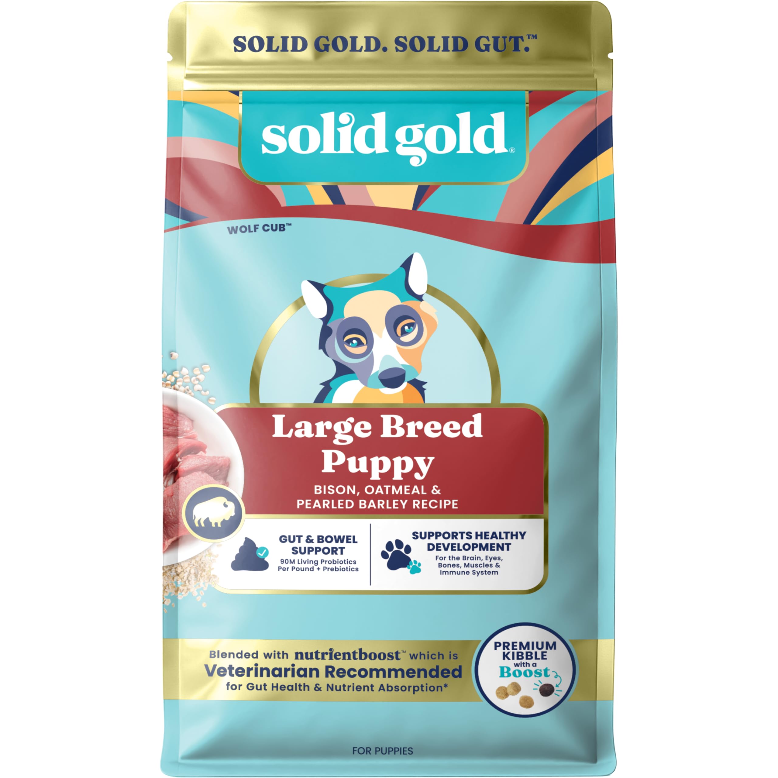 Solid Gold avec bison comme premier ingrédient; soutien potentiel à la croissance du chiot.
