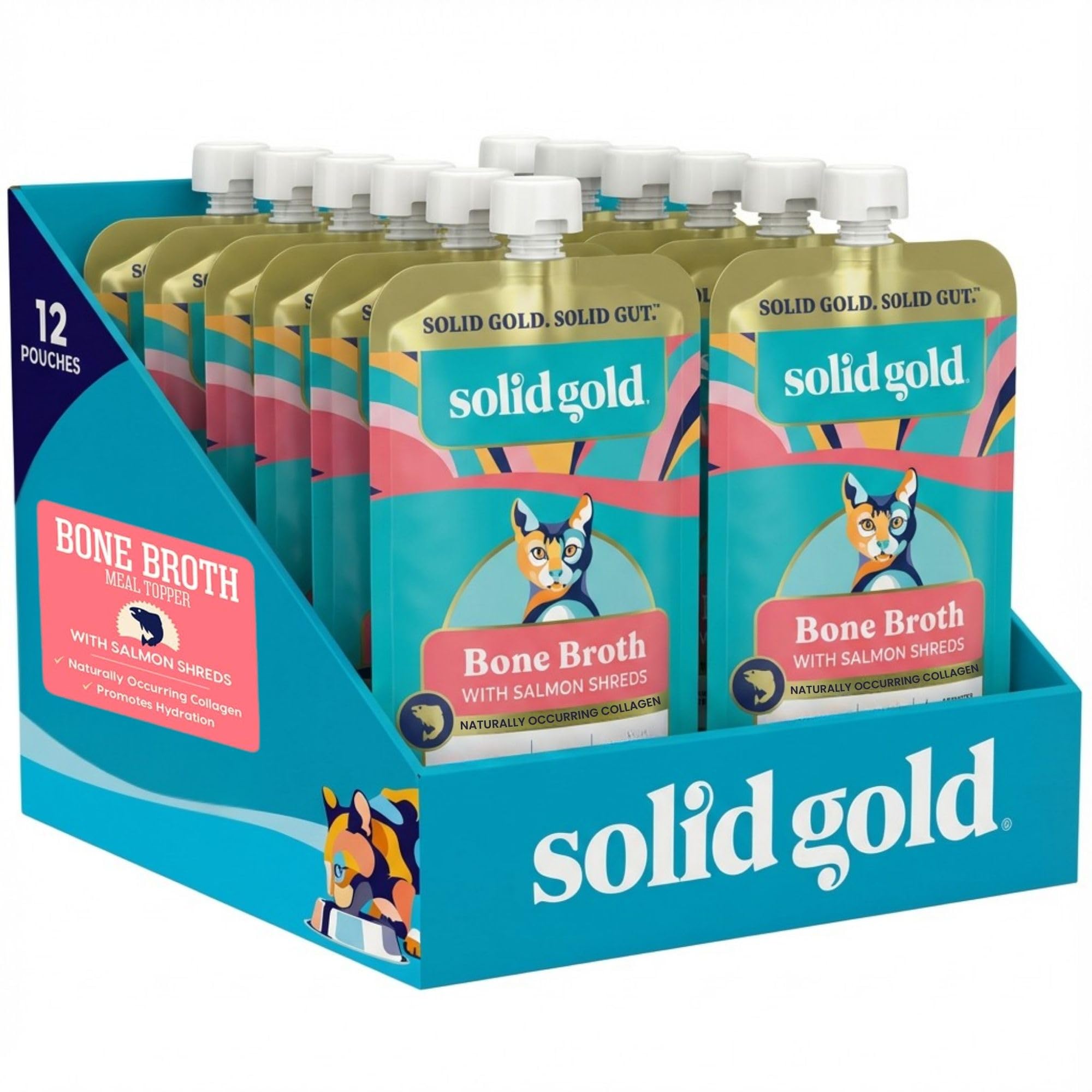 Topper Solid Gold avec tranches de saumon réelles pour chat, goût et texture appréciés.