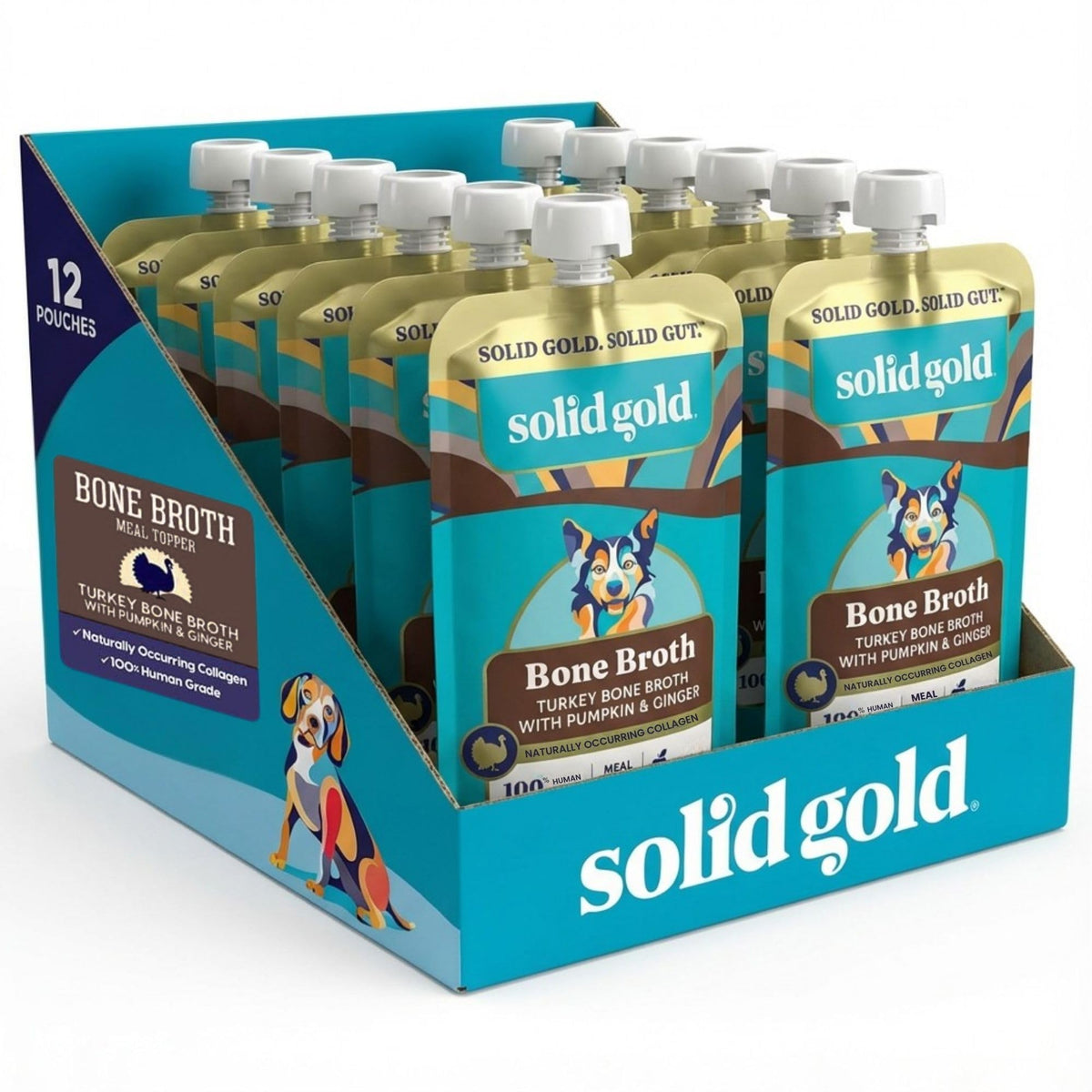 Bouillon Solid Gold pour chien, prêt à verser pour hydrater et rehausser le goût.