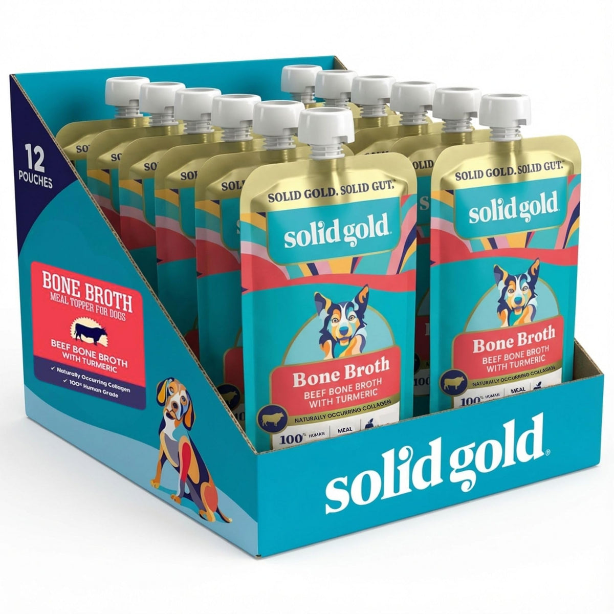 Solid Gold bouillon d'os de bœuf, versement prêt à hydrater et rehausser les repas.