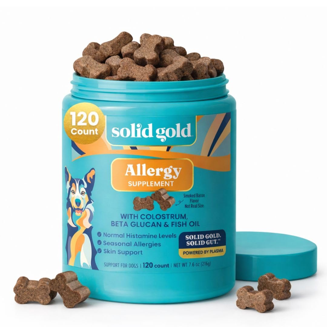 Solid Gold bouteille friables-allergie-chien, soutien saisonnier et confort cutané.