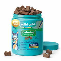 Friandises apaisantes Solid Gold – bouteille affichée pour le calme du chien.