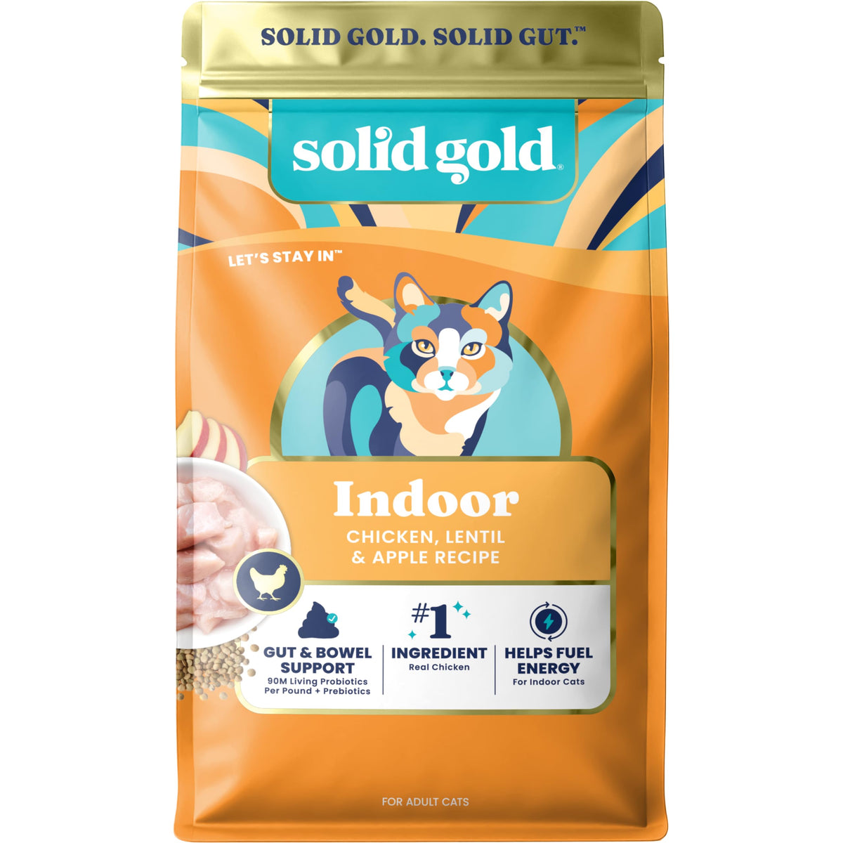Solid Gold chat intérieur croquettes poulet, soutien digestif et goût apprécié.