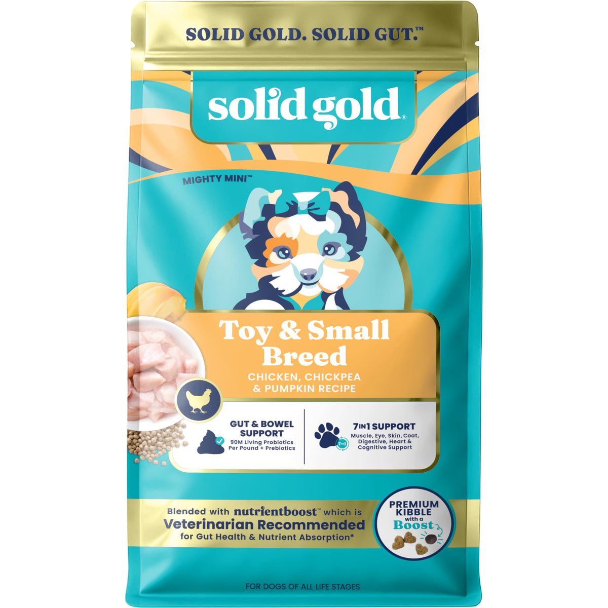 Solid Gold croquettes poulet premier ingrédient pour petits chiens, favorisant les muscles et l'énergie.