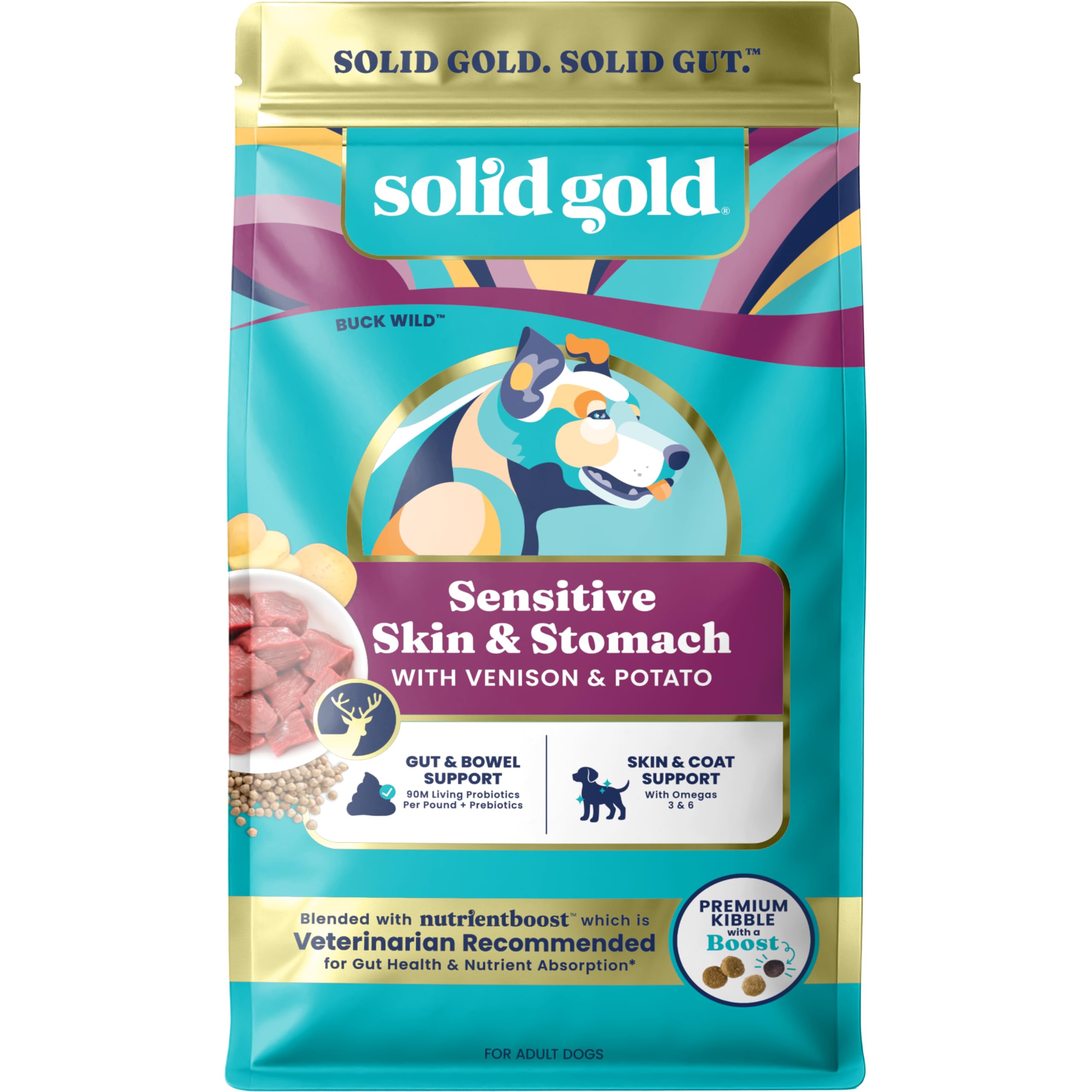 Croquettes Solid Gold à base de venaison sans céréales pour chiens sensibles.