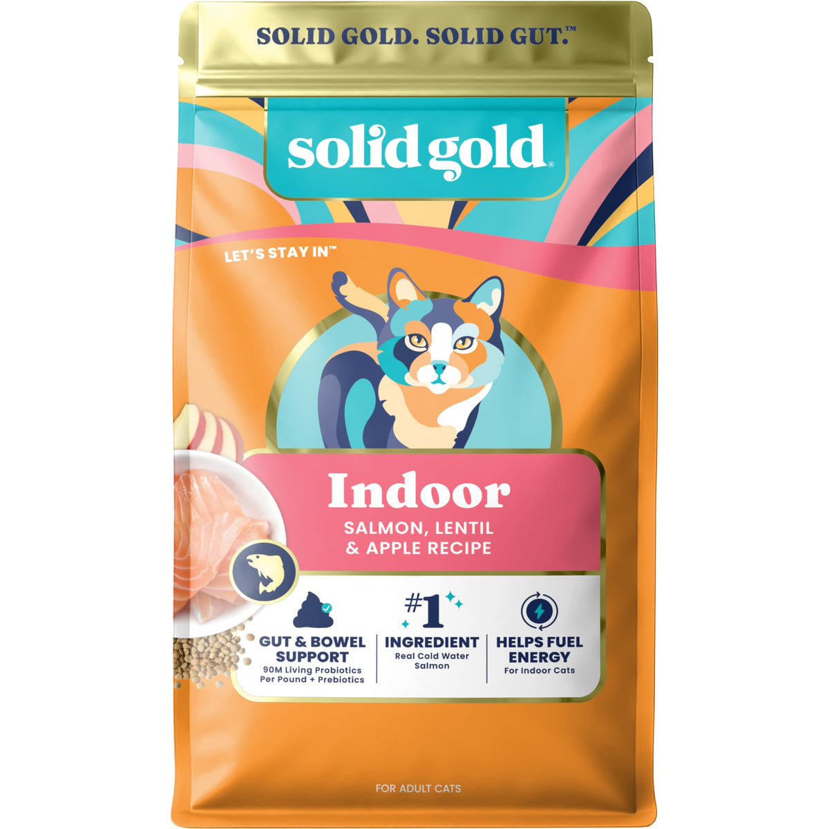 Solid Gold Indoor Chat croquettes saumon, soutien digestif et peau saine.