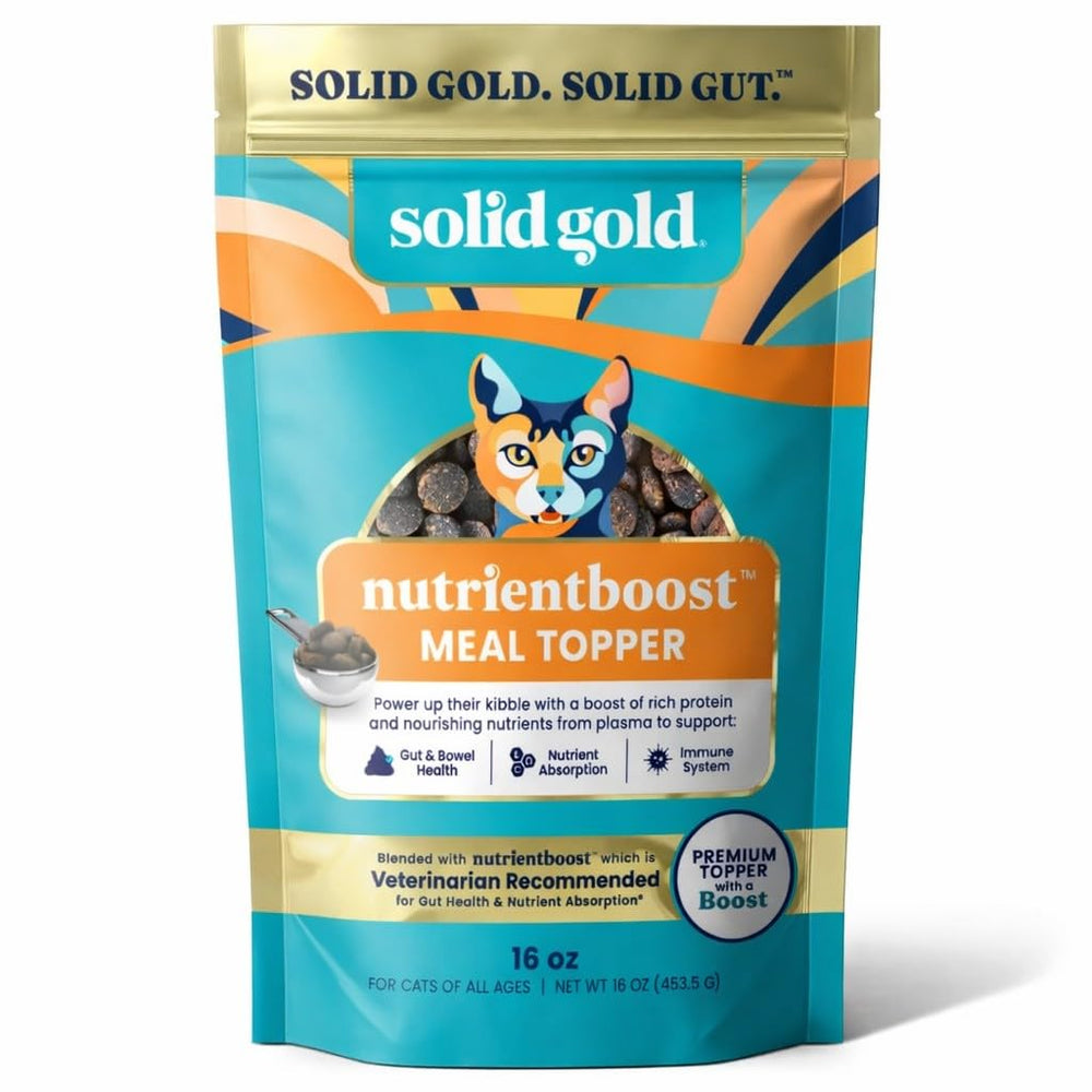 Solid Gold NutrientBoost visible sur flacon, soutien potentiel à la digestion du chat.