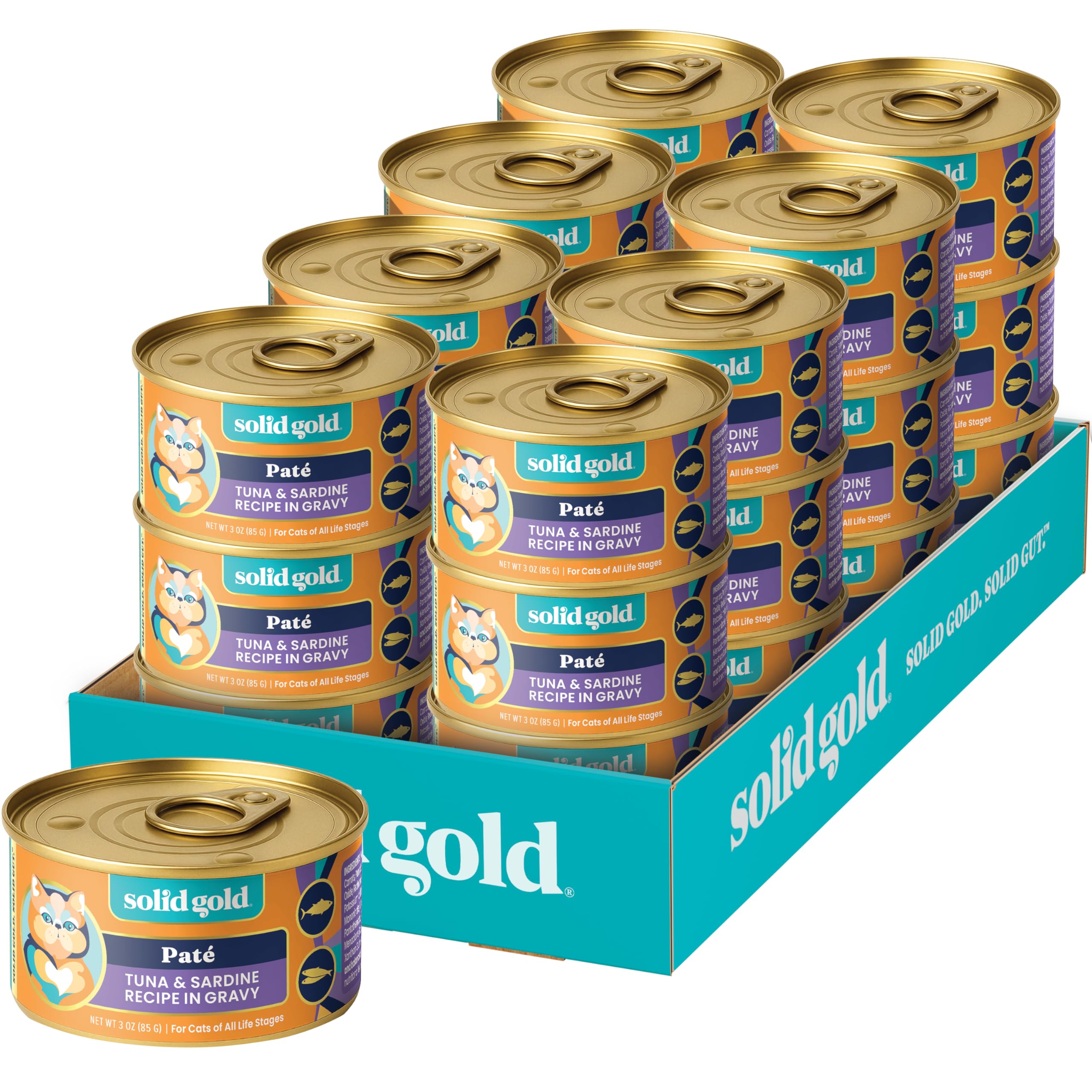 Solid Gold pâté chat thon-sardine, repas riche en protéines.