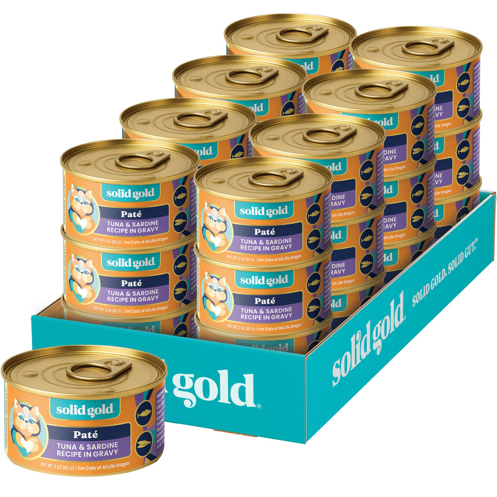 Solid Gold pâté chat thon-sardine, repas riche en protéines.
