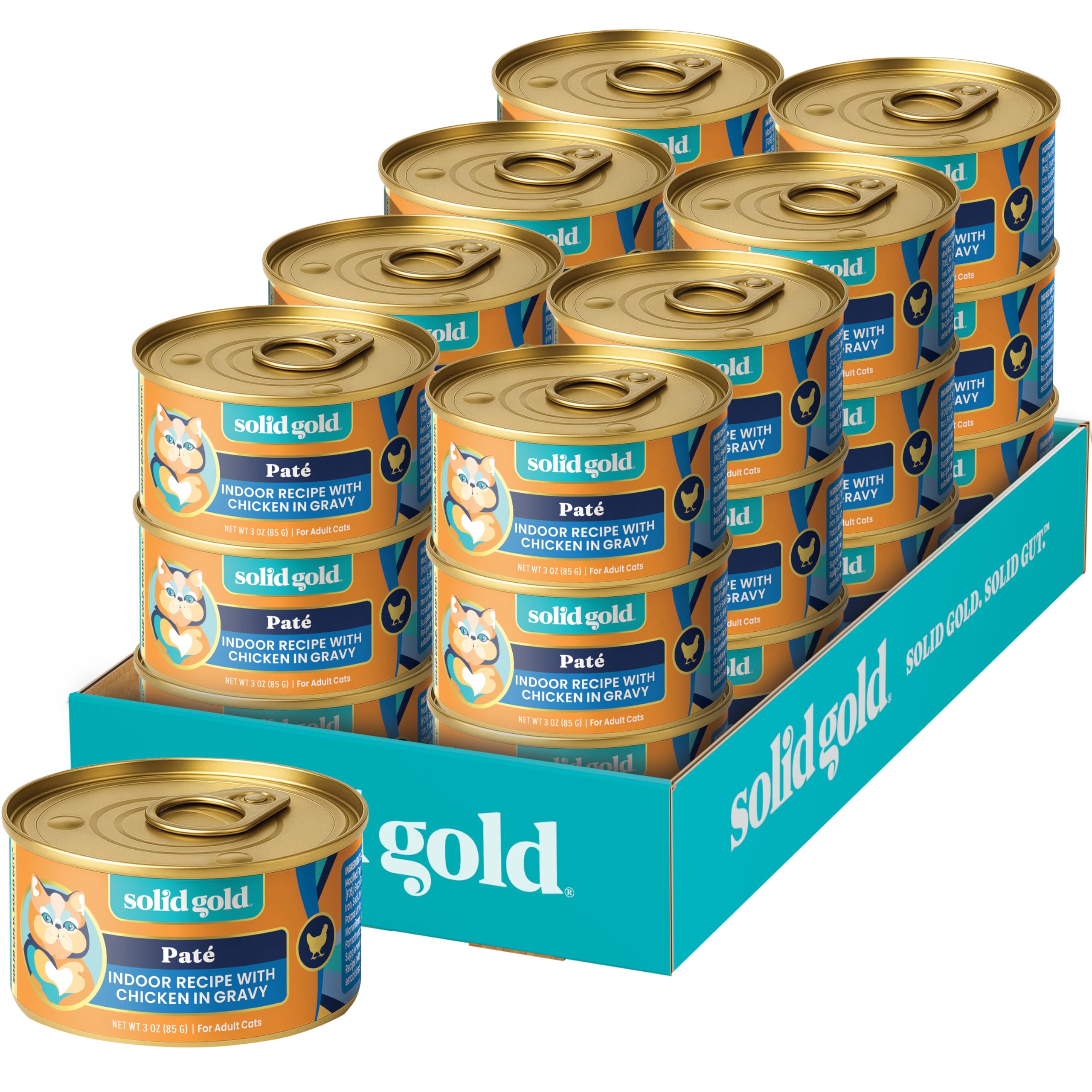 Pâté au poulet Solid Gold pour chat d'intérieur, texture appétissante et nutritionnelle.