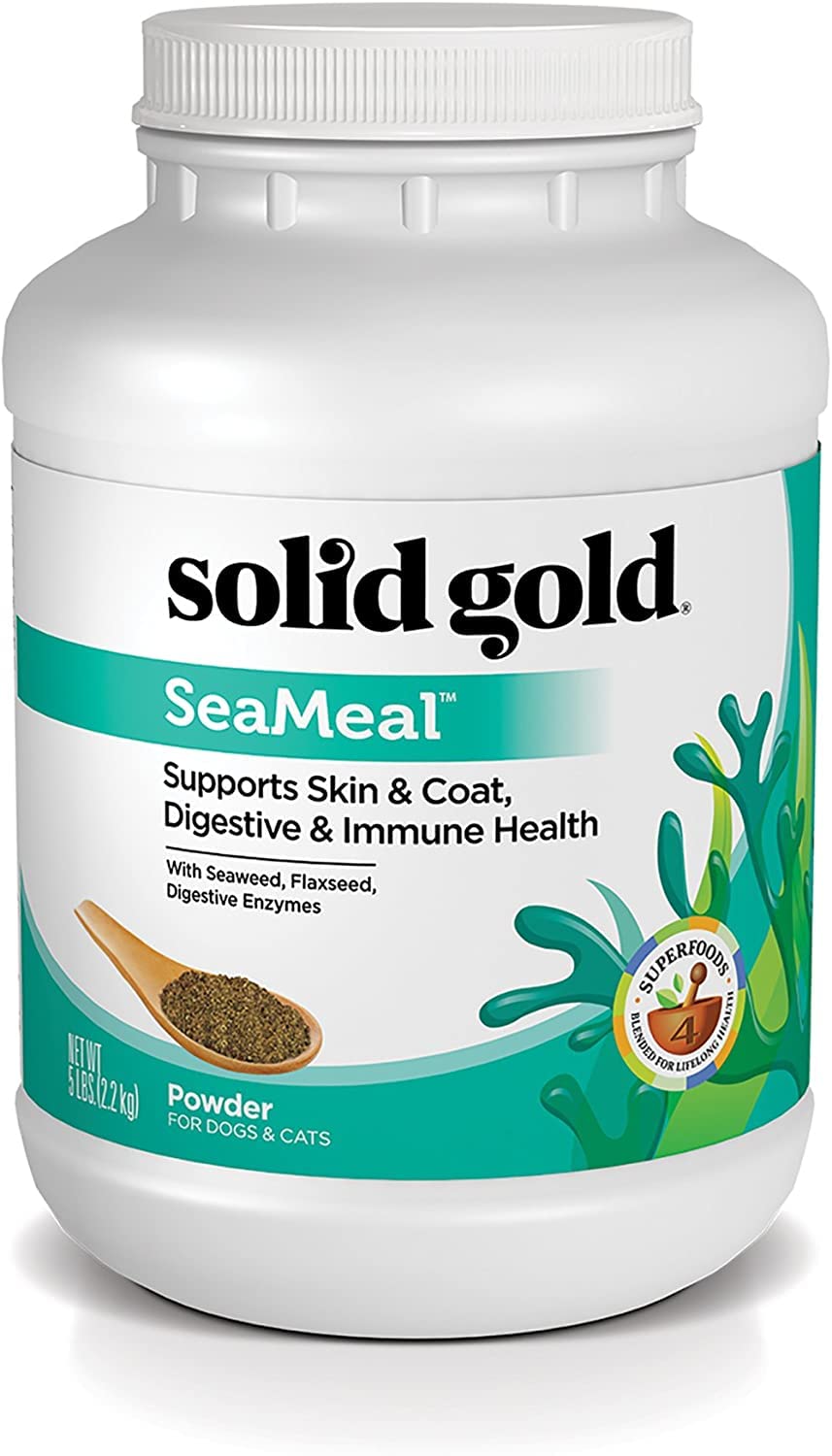 Solid Gold SeaMeal poudre emballage, facile à ajouter au régime quotidien des animaux.