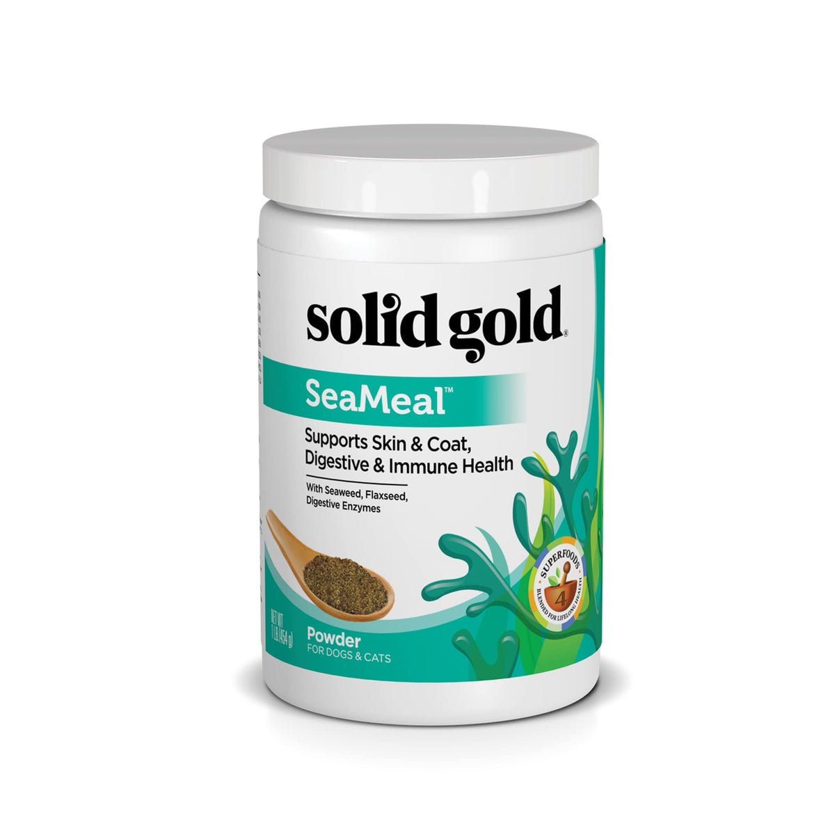Solid Gold SeaMeal – poudre multivitaminée pour chats et chiens, pelage brillant et peau hydratée.