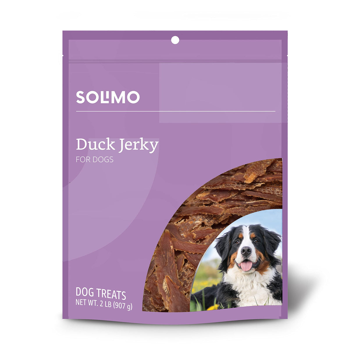 Solimo jerky de canard en emballage 2 lb, récompense pratique pour chien.