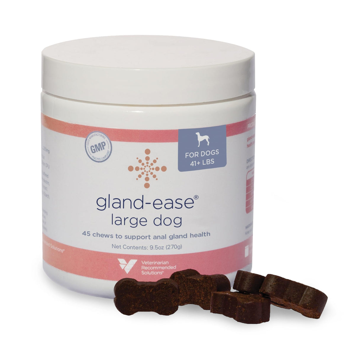 Friandises Gland-Ease pour grand chien; récompense savoureuse soutenant l'équilibre intestinal.