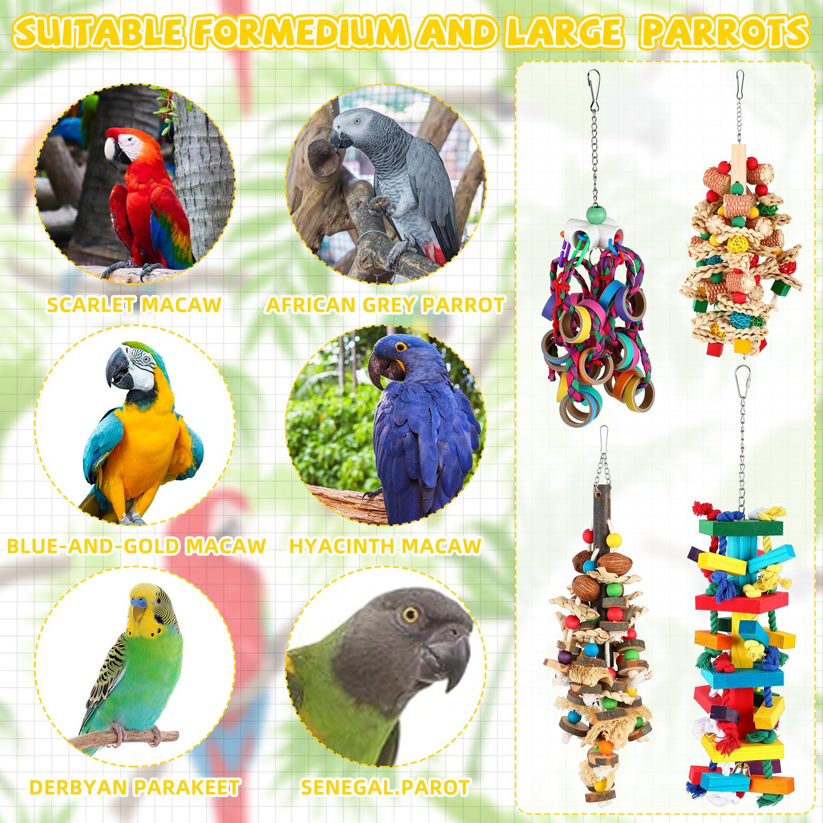 Vue d'ensemble des jouets Soulchen pour grands perroquets, matériaux naturels et durables