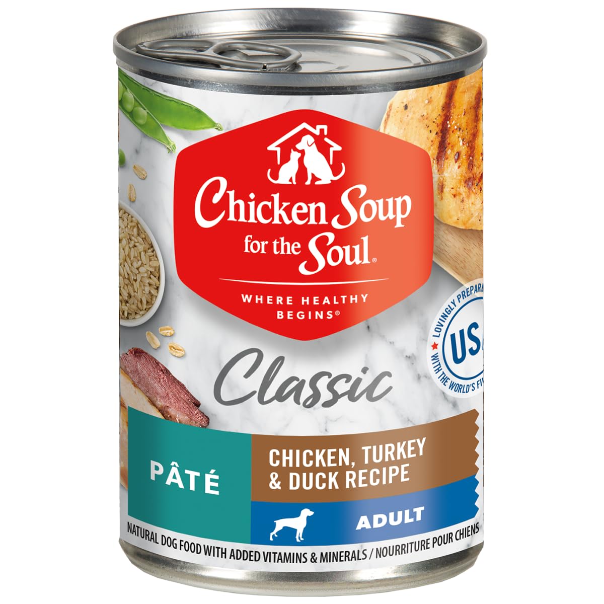 Soupe au Poulet pour l Ame – bol de pâtée humide au poulet réel pour chien.