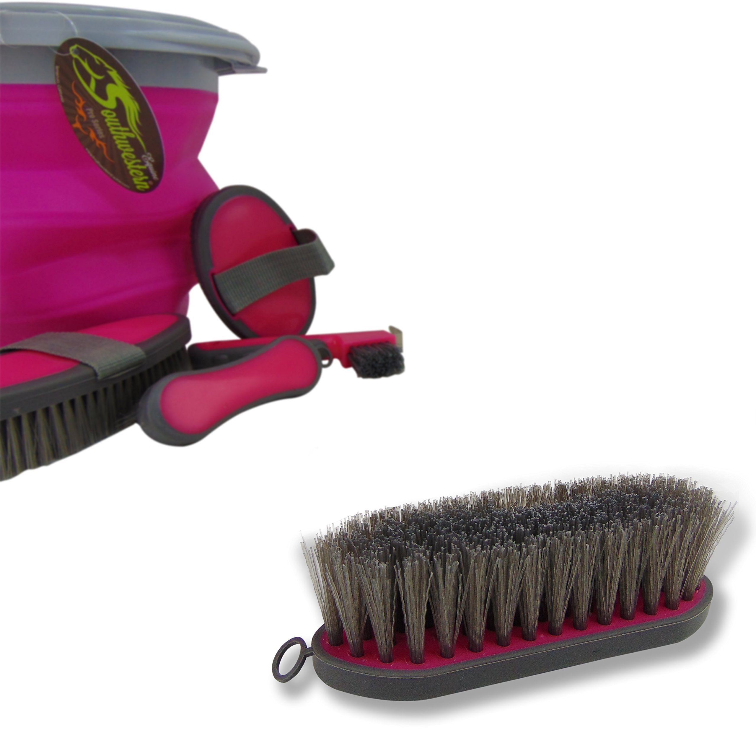 Décrotteur de sabot avec brosse Southwestern Equine rose, nettoyage rapide.