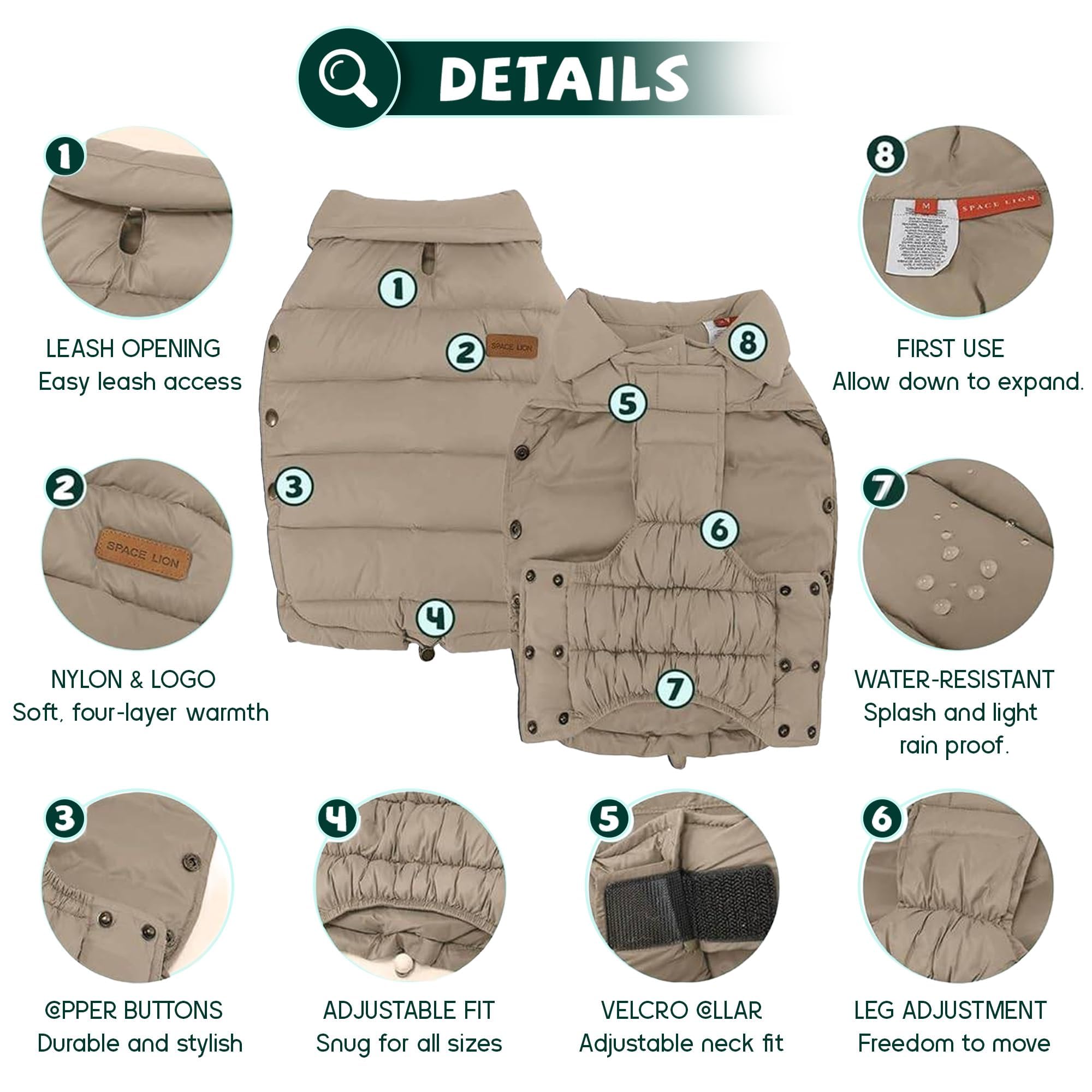 SPACE LION manteau-puffer chien ajustable khaki: cou et poitrine parfaitement ajustés