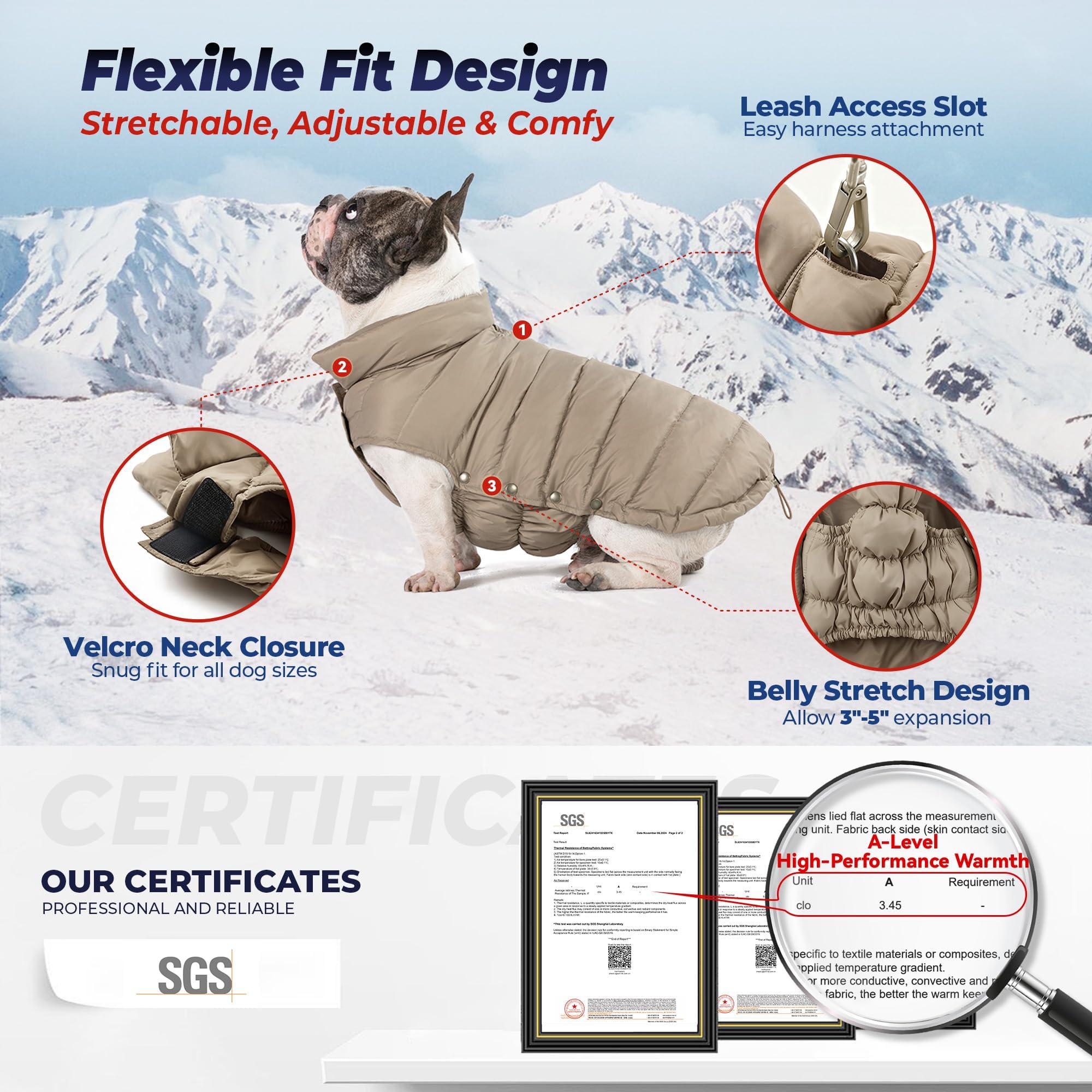 SPACE LION manteau-puffer chien neige khaki: isolation efficace en conditions neigeuses
