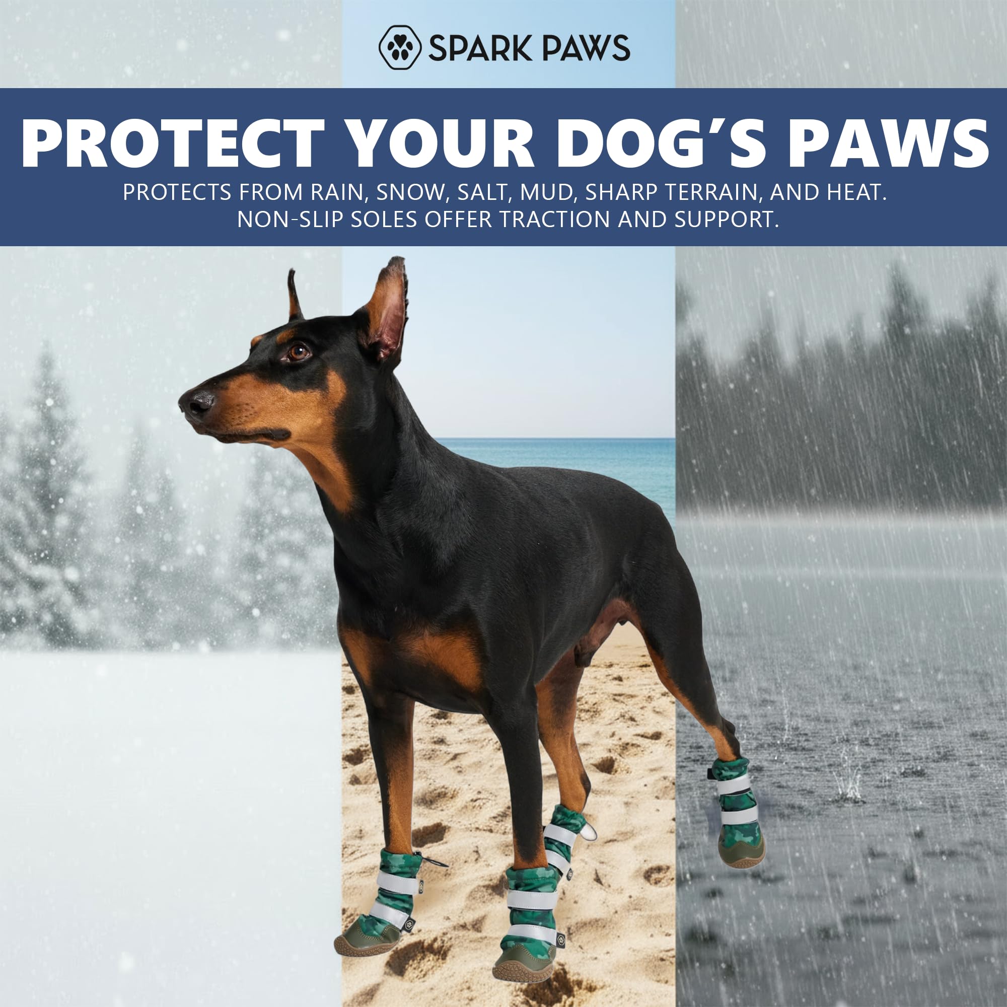 Bottes Spark Paws à double velcro vert camo, ajustement facile et sûr.