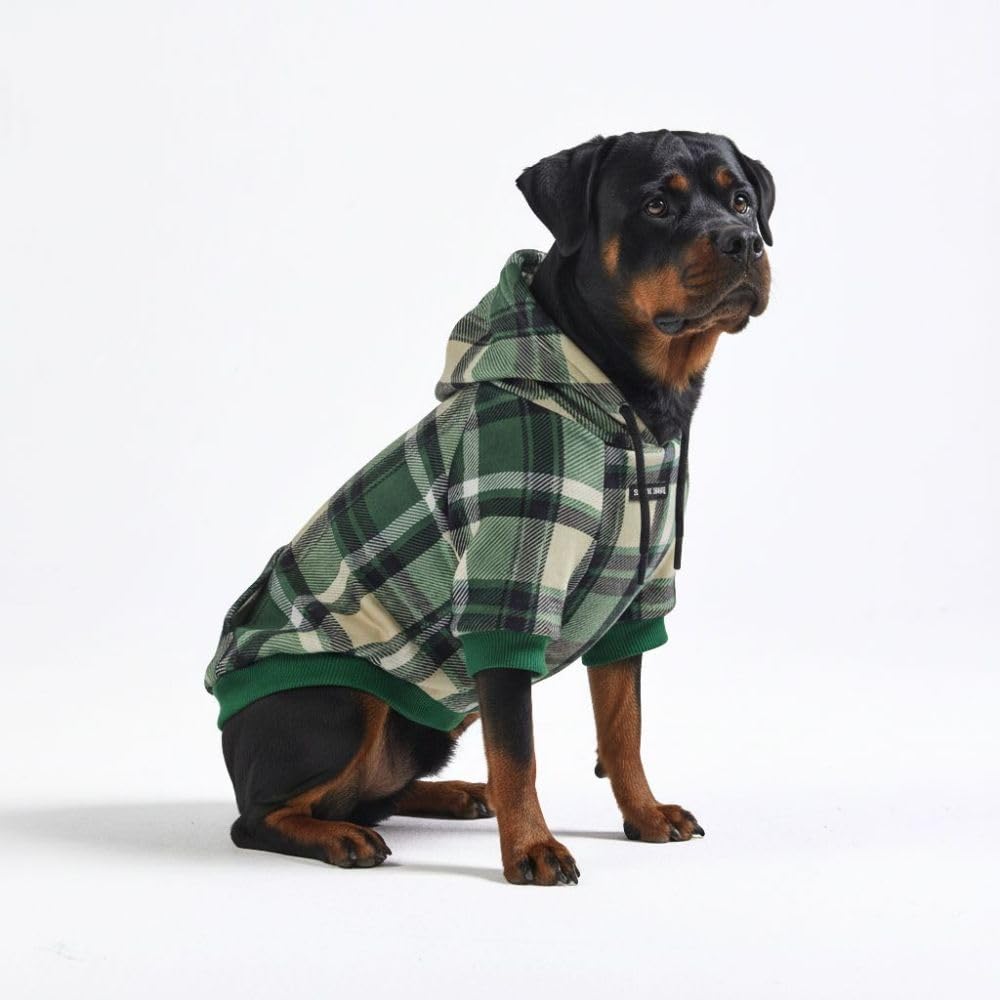 Spark Paws Hoodie pour chien vert plaid, confort et ajustement.