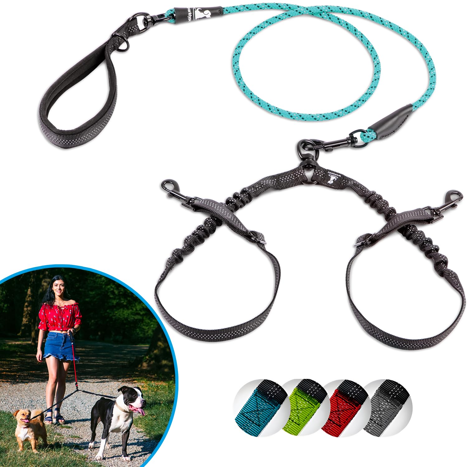 SparklyPets laisse double chien bungee rotation 360 pour deux chiens sans nœuds.