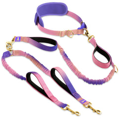 SparklyPets Laisse double à mains libres, poignées rembourrées, dégradé rose-violet pour un confort.