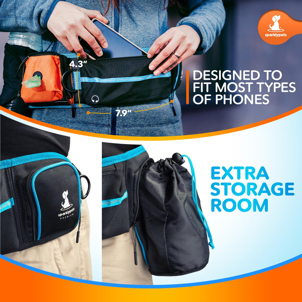 SparklyPets, porte-bouteille et distributeur de sacs visibles sur la ceinture.