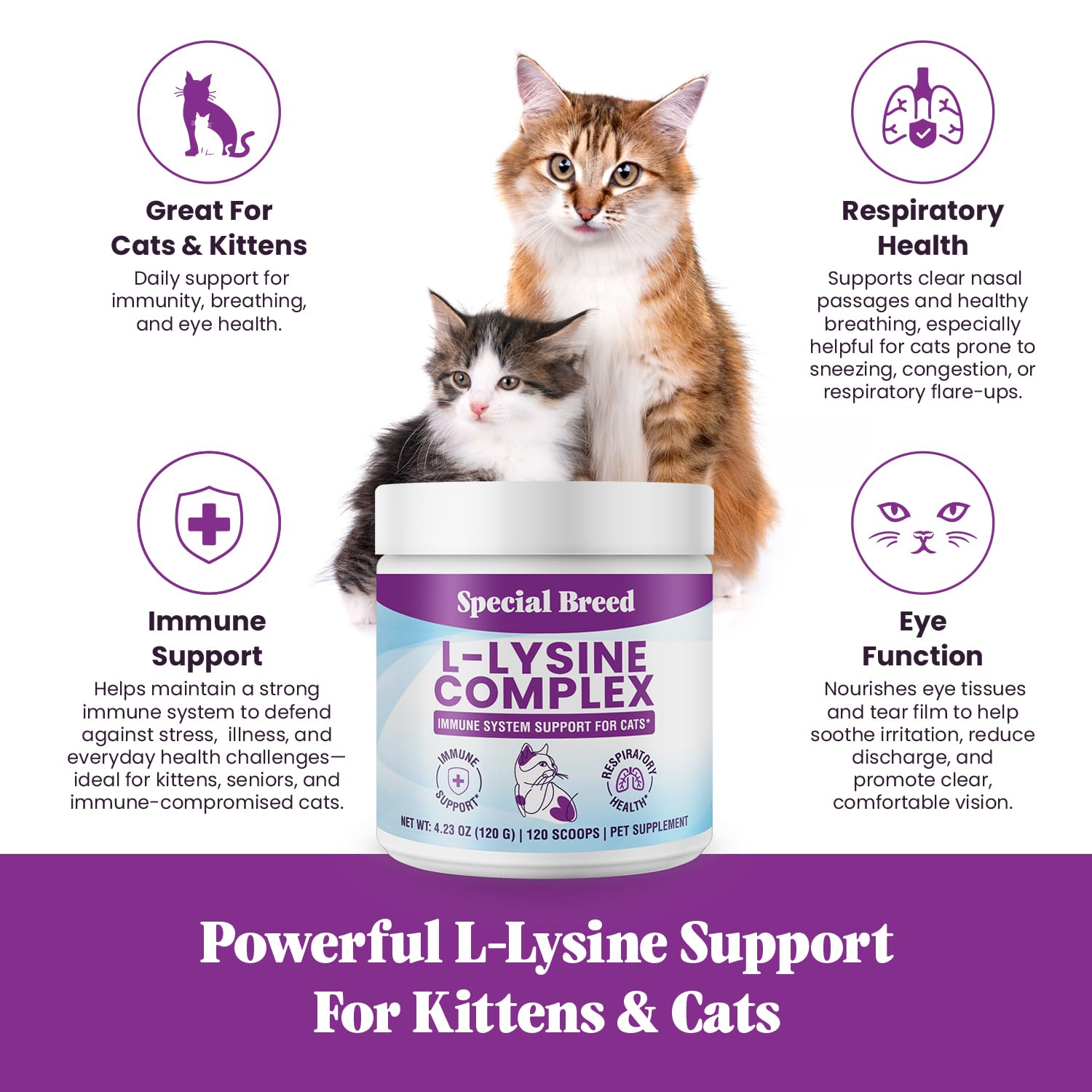 Special Breed Lysine pour chats: doseur-poudre pour doser facilement chaque repas.