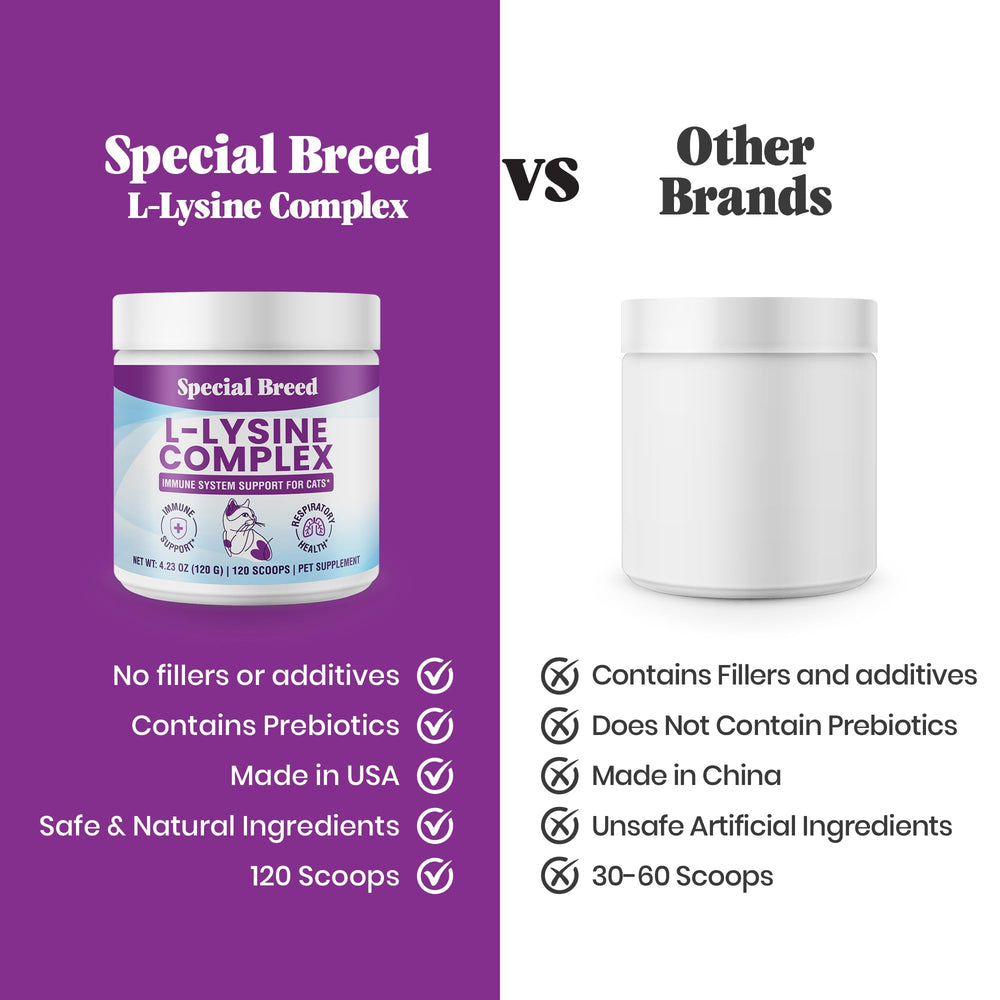 Special Breed Lysine pour chats: mélange favorisant une respiration confortable et la santé des yeux.